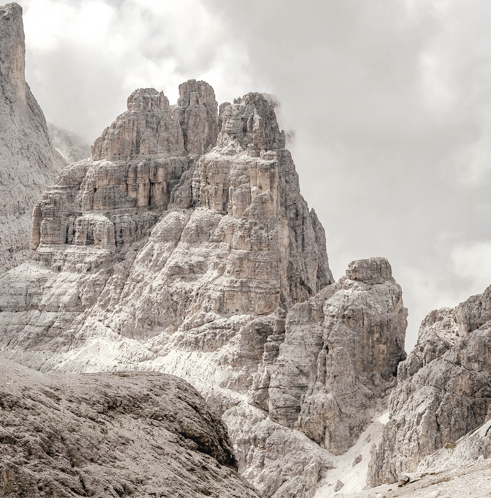 Torri del Vajolet peaks and Catinaccio summit as seen from Antermoia pass in Catinaccio mountain group, above Vajolet valley and Principe pass, Dolomites, South Tyrol, Italy 
