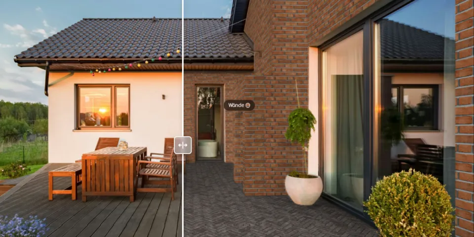 Haus mit einer Terrasse. In der Mitte ist ein trennender Schieber. Links davon das alte Haus mit Putzfassade, rechts davon das Haus mit den virtuell erzeugen Klinkerriemchen