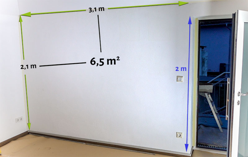 aufmass Innenwand mit angezeichneten Maßen zum Errechnen des benötigten Materials