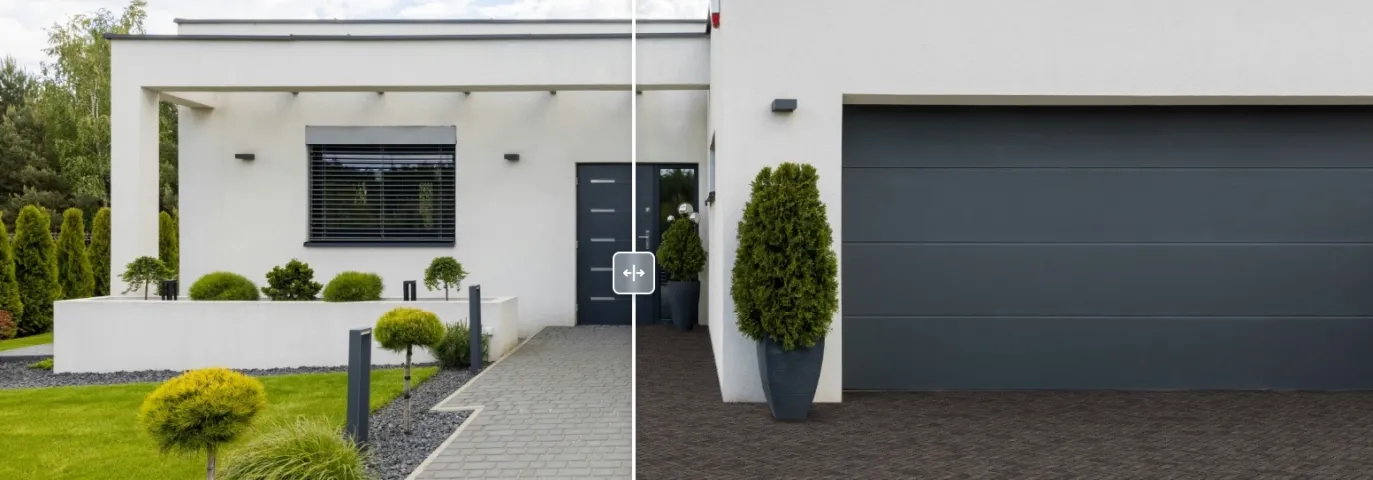 Bild mit Haus und Gareage. In der Mitte ist ein teilender Schieber. links davon ist das alte Pflaster, rechts davon das neue virtuell erzeugte Pflaster