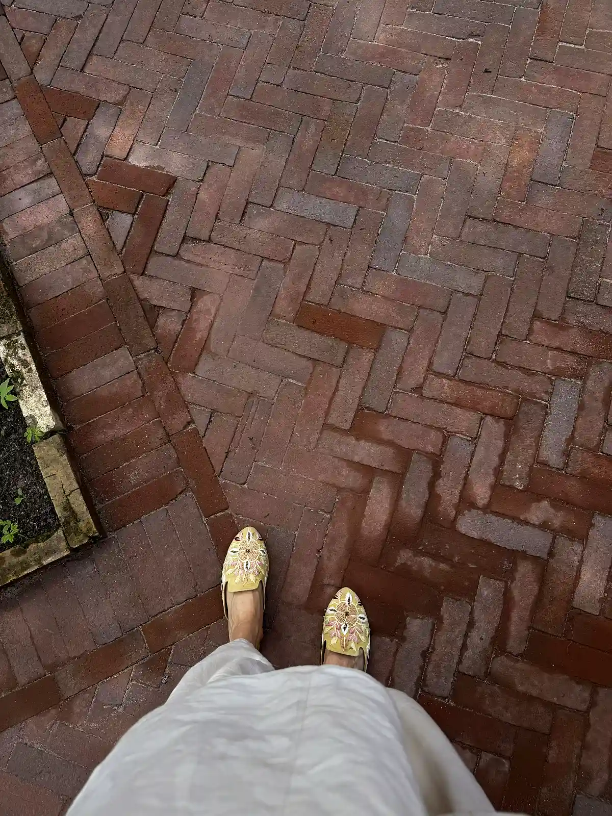 Roter Pflasterklinker von einer Person runter Fotografiert. Dabei sieht man noch das Kleide und die Schuhe der Frau.