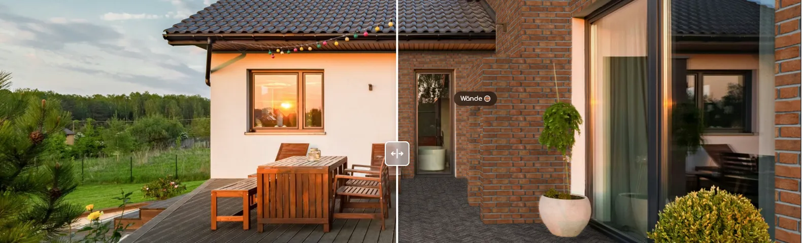 Haus mit einer Terrasse. In der Mitte ist ein trennender Schieber. Links davon das alte Haus mit Putzfassade, rechts davon das Haus mit den virtuell erzeugen Klinkerriemchen